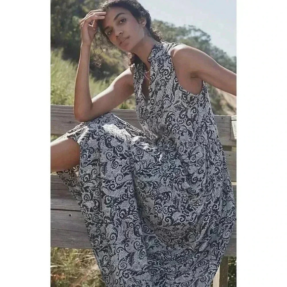 Maeve by Anthropologie Tiered midi Dress Size Medium Black White Summer casual - Picture 3 of 12